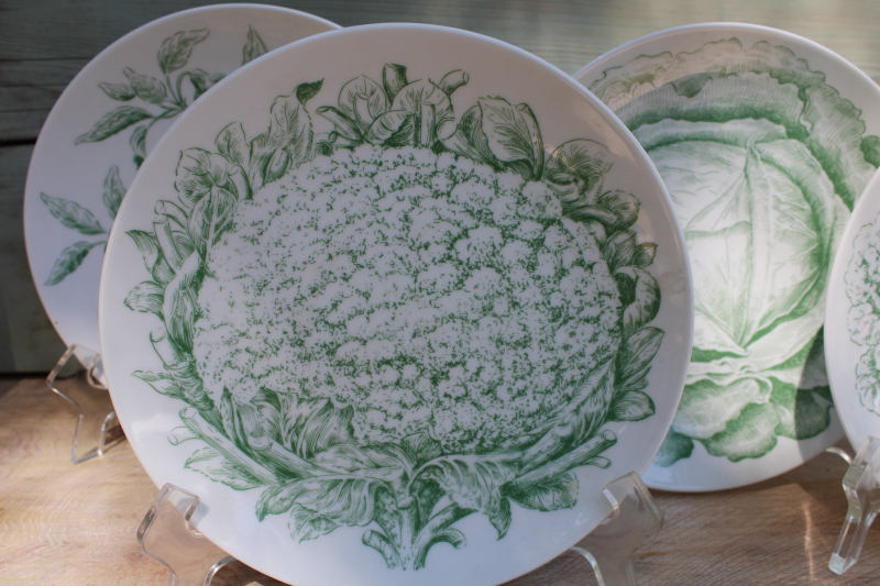 photo of vintage Bareuther china salad plates, old world potager veg botanical print in green on white #2