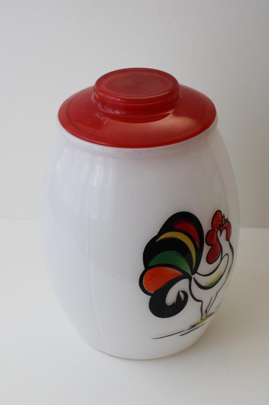 photo of vintage Bartlett Collins glass cookie jar canister w/ hand painted rooster #9