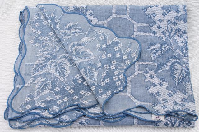 photo of vintage Bates bedspread, shabby cottage chic blue & white woven cotton bed cover #1