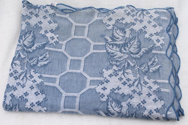 photo of vintage Bates bedspread, shabby cottage chic blue & white woven cotton bed cover #3