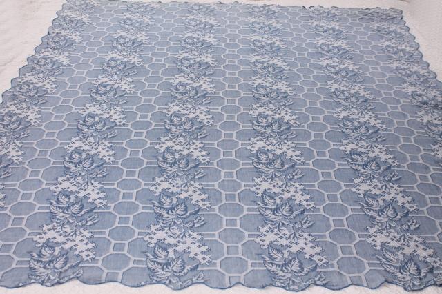 photo of vintage Bates bedspread, shabby cottage chic blue & white woven cotton bed cover #4