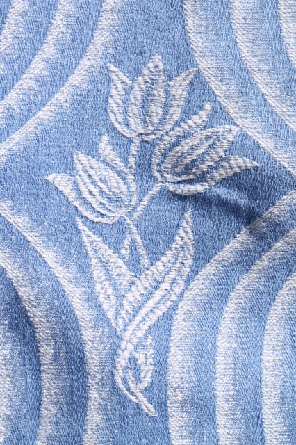 photo of vintage Bates bedspread, woven cotton bed  cover w/ dutch tulips, blue & white #7