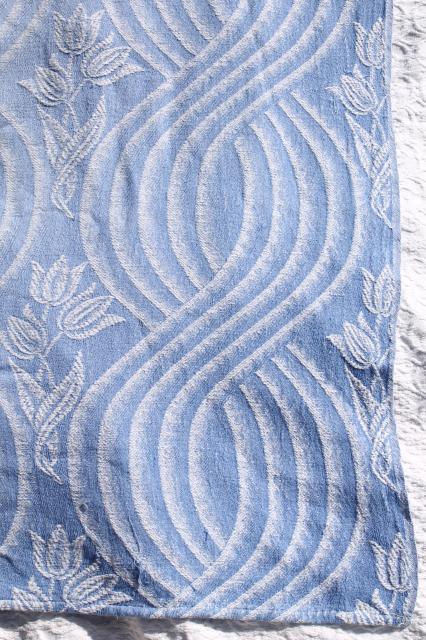 photo of vintage Bates bedspread, woven cotton bed  cover w/ dutch tulips, blue & white #9