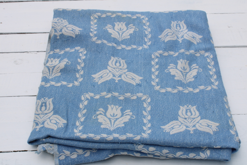 photo of vintage Bates woven cotton bedspread, blue and white folk art flowers traditional colonial style  #1