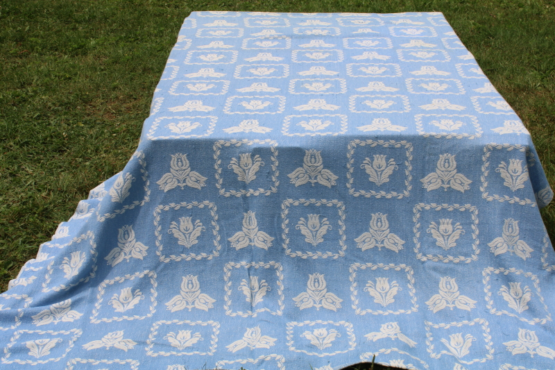 photo of vintage Bates woven cotton bedspread, blue and white folk art flowers traditional colonial style  #3