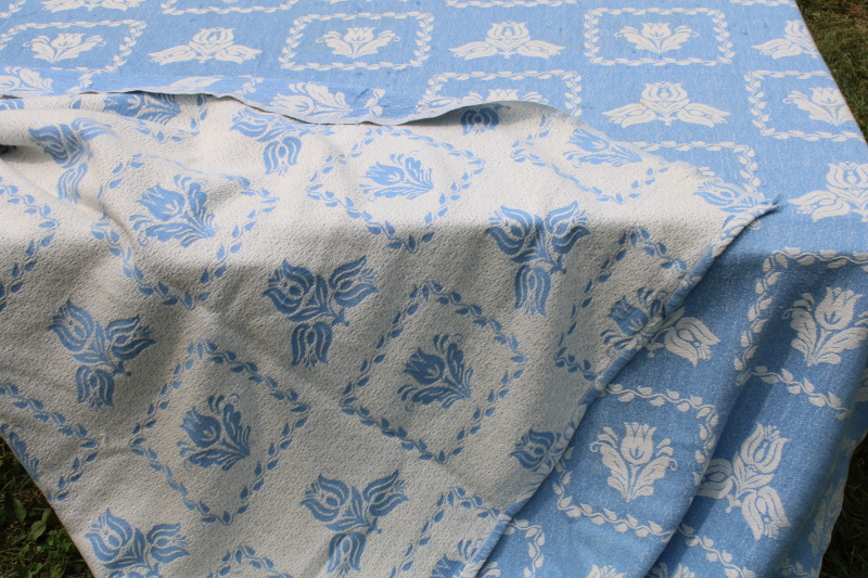 photo of vintage Bates woven cotton bedspread, blue and white folk art flowers traditional colonial style  #4