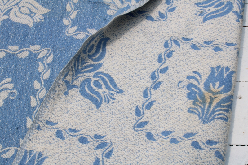 photo of vintage Bates woven cotton bedspread, blue and white folk art flowers traditional colonial style  #5