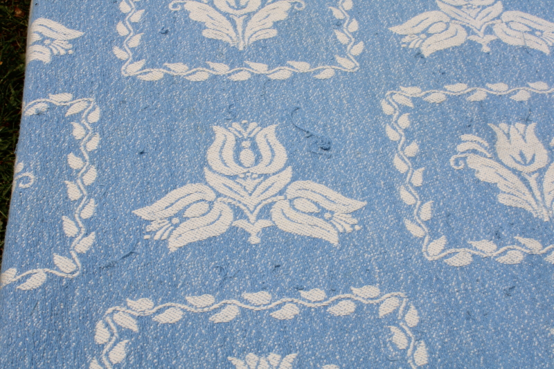 photo of vintage Bates woven cotton bedspread, blue and white folk art flowers traditional colonial style  #6