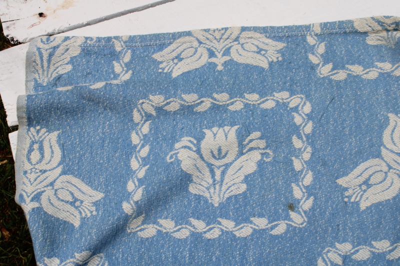 photo of vintage Bates woven cotton bedspread, blue and white folk art flowers traditional colonial style  #7
