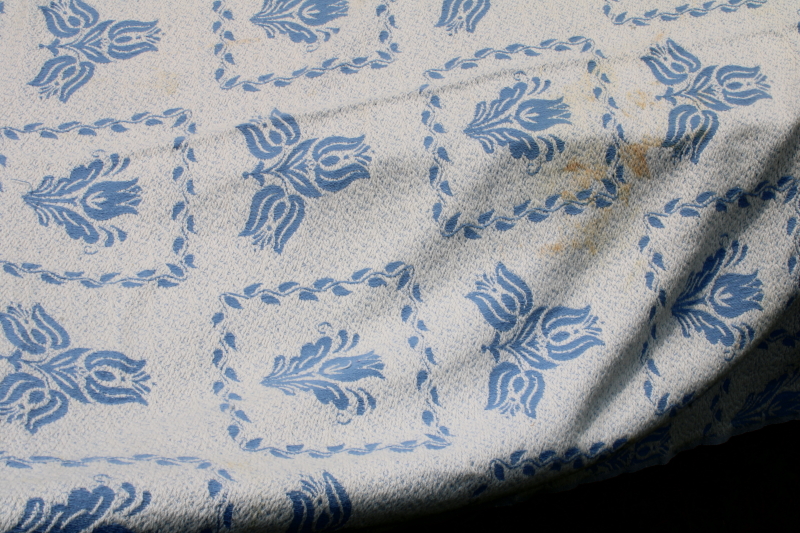 photo of vintage Bates woven cotton bedspread, blue and white folk art flowers traditional colonial style  #10