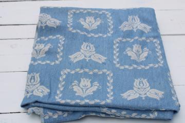 catalog photo of vintage Bates woven cotton bedspread, blue and white folk art flowers traditional colonial style 
