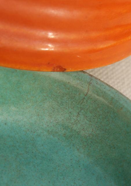 photo of vintage Bauer pottery ringware ring band planter bowl saucers, southwest orange & aqua #8