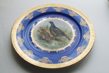 catalog photo of vintage Bavaria Germany hand decorated game birds plate, heavy gold cobalt blue border 