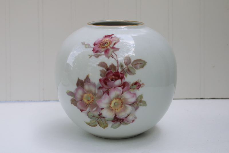 photo of vintage Bavaria West Germany porcelain rose bowl vase, round ball shape w/ wild roses #1