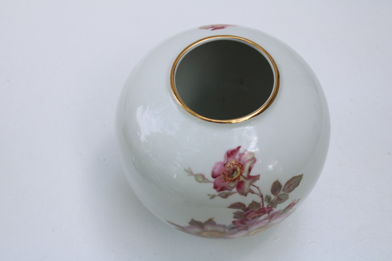 photo of vintage Bavaria West Germany porcelain rose bowl vase, round ball shape w/ wild roses #2