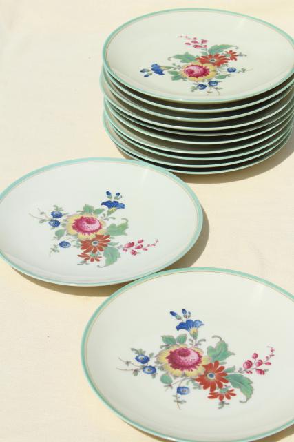 photo of vintage Bavaria china Thomas ivory salad plates, mint green border center floral #2