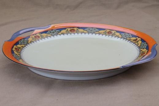 photo of vintage Bavaria china serving plate, porcelain sandwich tray w/ art deco border in orange & blue #1