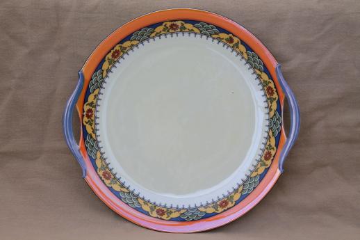 photo of vintage Bavaria china serving plate, porcelain sandwich tray w/ art deco border in orange & blue #2