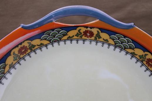 photo of vintage Bavaria china serving plate, porcelain sandwich tray w/ art deco border in orange & blue #3