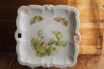 vintage Bavaria peach roses floral china tray w/ little handles, square cake plate