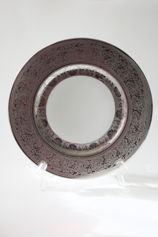 photo of vintage Bavaria porcelain dinner plate silvery encrusted platinum, ornate patterned wide band border  #1
