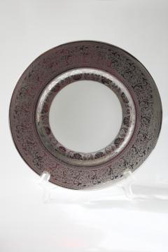 catalog photo of vintage Bavaria porcelain dinner plate silvery encrusted platinum, ornate patterned wide band border 