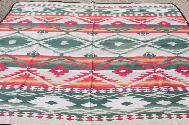 photo of vintage Beacon cotton camp blanket, Indian blanket woven red, green, gold on cream #1
