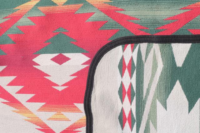 photo of vintage Beacon cotton camp blanket, Indian blanket woven red, green, gold on cream #3
