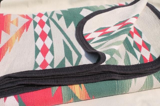 photo of vintage Beacon cotton camp blanket, Indian blanket woven red, green, gold on cream #4