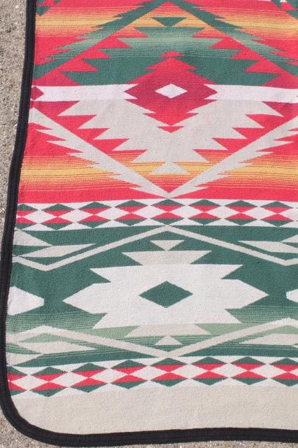photo of vintage Beacon cotton camp blanket, Indian blanket woven red, green, gold on cream #5