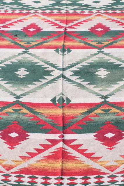 photo of vintage Beacon cotton camp blanket, Indian blanket woven red, green, gold on cream #6