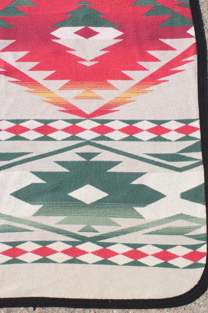 photo of vintage Beacon cotton camp blanket, Indian blanket woven red, green, gold on cream #12