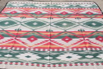 catalog photo of vintage Beacon cotton camp blanket, Indian blanket woven red, green, gold on cream