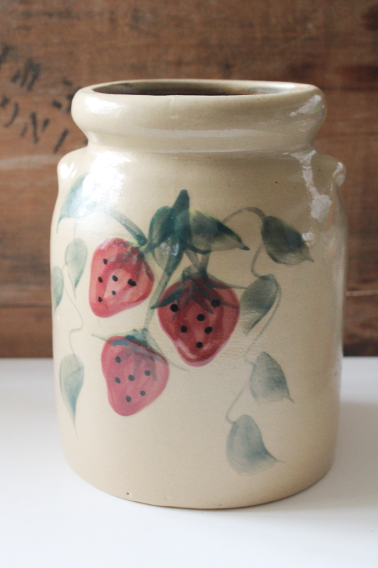 photo of vintage Beaumont stoneware crock jar or spoon holder red strawberries hand painted pottery BBP mark  #1