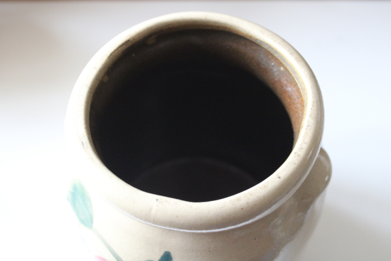 photo of vintage Beaumont stoneware crock jar or spoon holder red strawberries hand painted pottery BBP mark #2