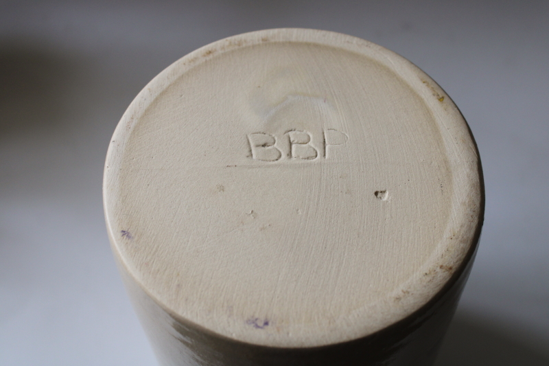 photo of vintage Beaumont stoneware crock jar or spoon holder red strawberries hand painted pottery BBP mark #5