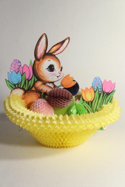 photo of vintage Beistle Easter bunny honeycomb paper basket & eggs, holiday party paper decoration #4