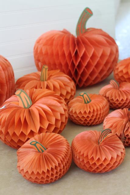 photo of vintage Beistledie cut honeycomb paper decorations, pumpkins for autumn Halloween #4