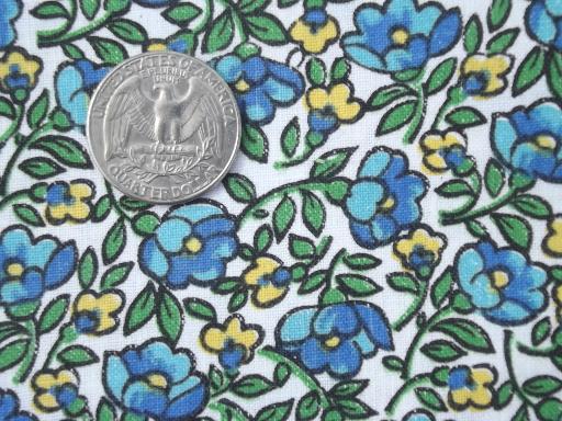 photo of vintage Belgian cotton fabric, french blue & yellow floral print remnant #1