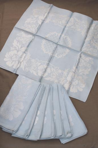 photo of vintage Belgian damask dinner napkins, ice blue pastel cotton / rayon napkins #2