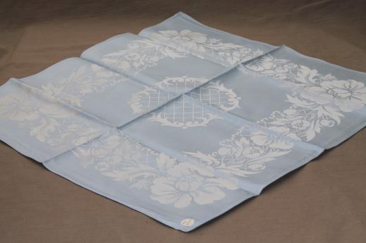 photo of vintage Belgian damask dinner napkins, ice blue pastel cotton / rayon napkins #3