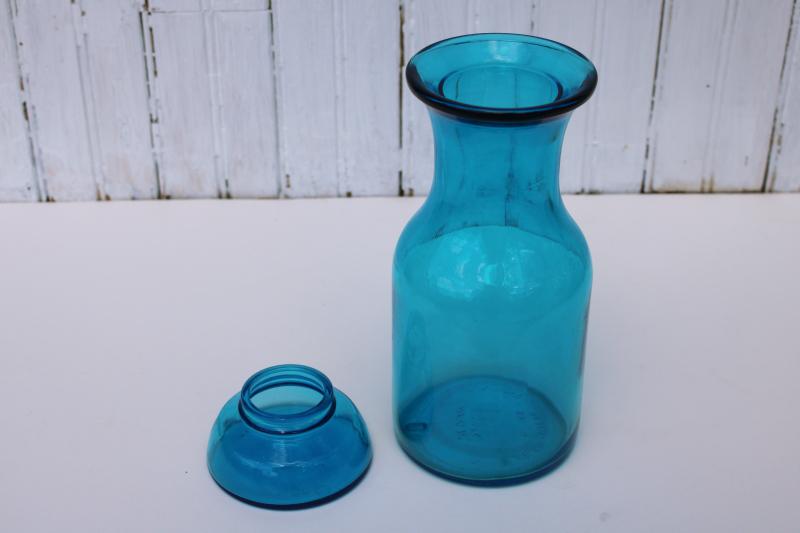 photo of vintage Belgium aqua blue glass apothecary jar, canister or carafe bottle w/ lid #2