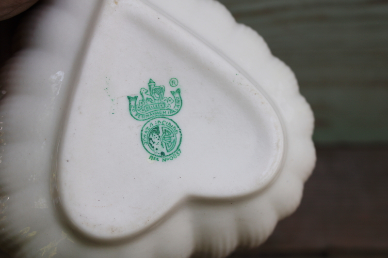photo of vintage Belleek Ireland china heart shaped trinket dish, green mark #2