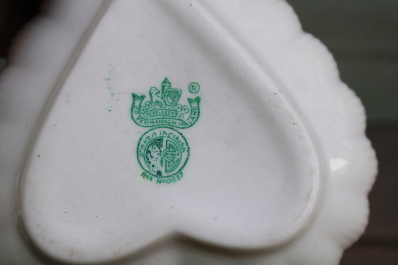 photo of vintage Belleek Ireland china heart shaped trinket dish, green mark #3