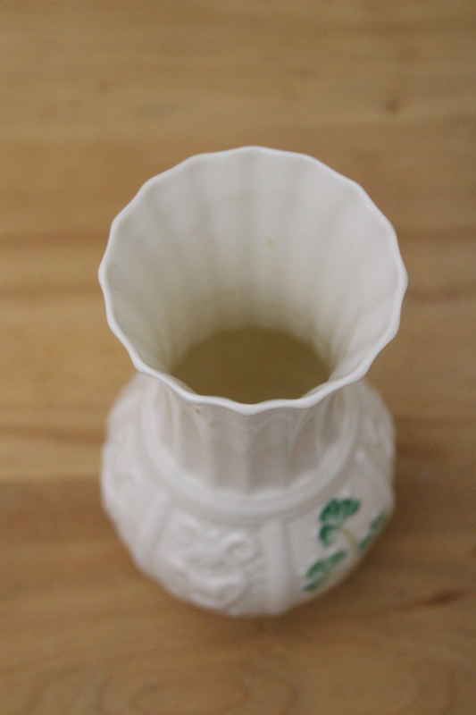 photo of vintage Belleek Nadine green clover shamrock Irish harp pattern spill vase #2