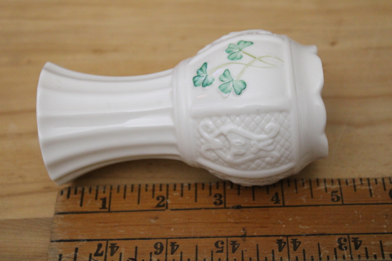 photo of vintage Belleek Nadine green clover shamrock Irish harp pattern spill vase #5