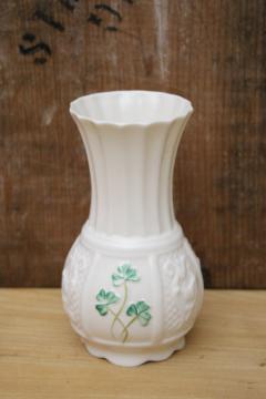 catalog photo of vintage Belleek Nadine green clover shamrock Irish harp pattern spill vase