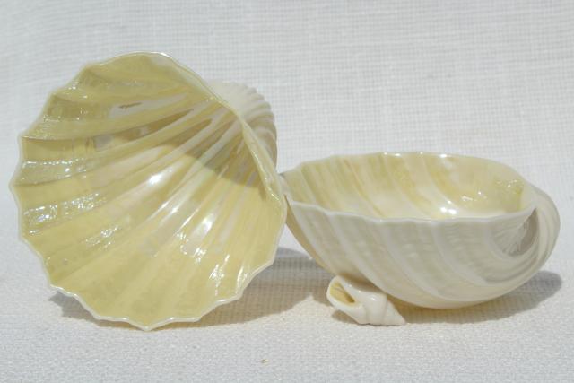 photo of vintage Belleek bone china, Neptune sea shell shaped bowls w/ seashell feet #1