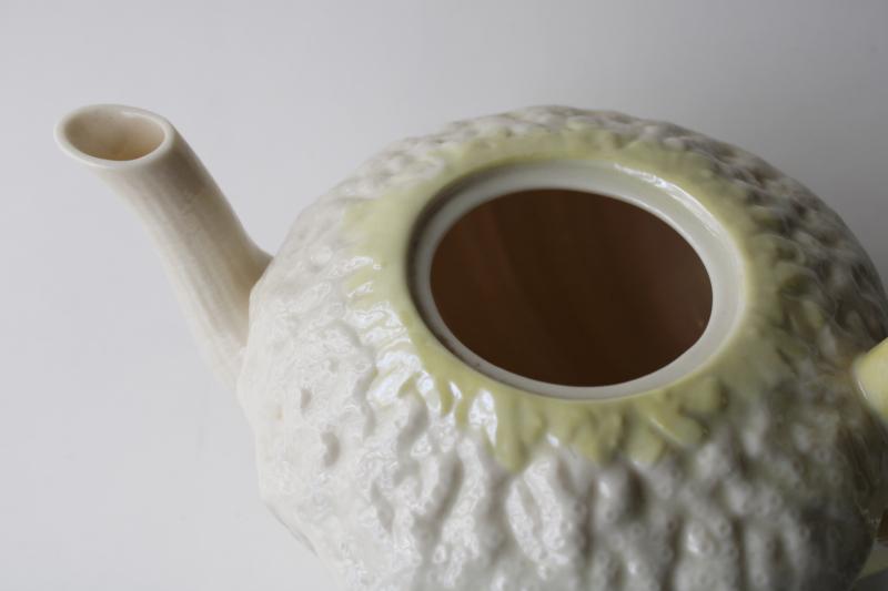 photo of vintage Belleek china teapot, green mark Neptune yellow sea shells forward pot no lid #2
