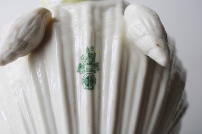 photo of vintage Belleek china teapot, green mark Neptune yellow sea shells forward pot no lid #4
